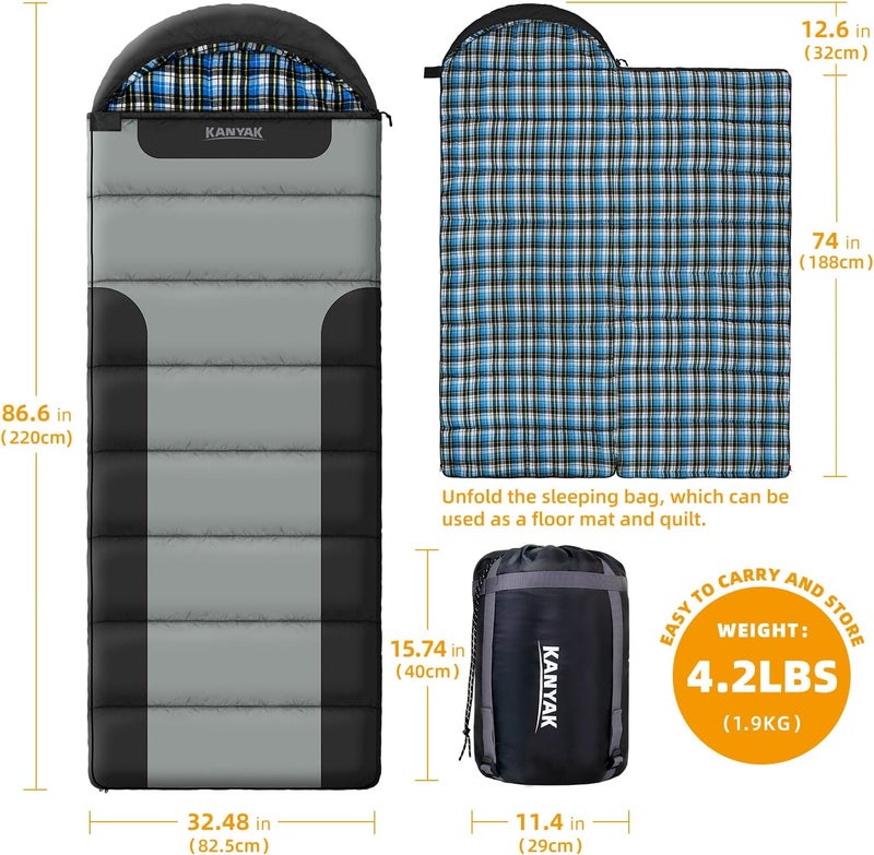 Kanyak Cotton Flannel Lined Sleeping Bag for Adults Teens Kids, Cold Weather &Warm, 3 Seasons, Lightweight Compact Camping Essentials Equipment, Hiking, Outdoor, Travel - Image 2